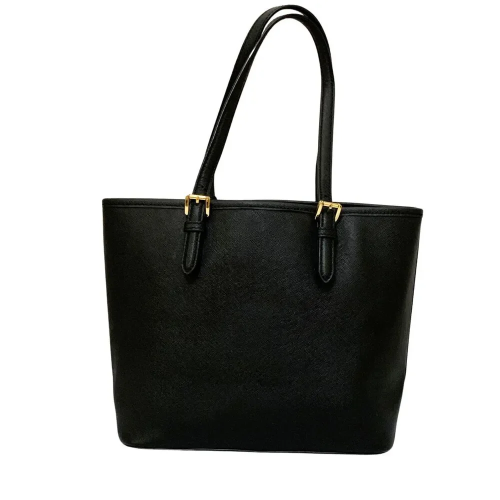 Michael Kors Black Saffiano Leather Tote Bag Gold Tone MK Charm Medium - Picture 10 of 13
